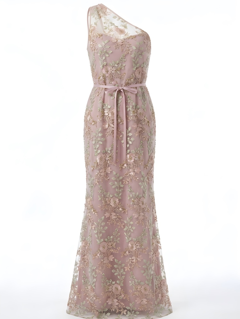 Dessy Collection One-Shoulder Suede Rose Floral Embroidered Gown